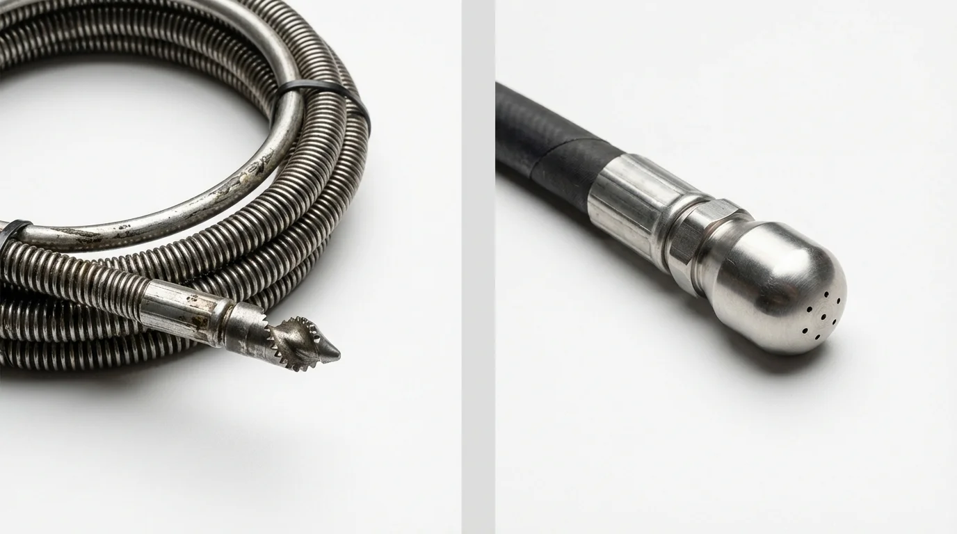 Drain snake cable and hydro jetting nozzle used for drain cleaning in Hebbronville, TX
