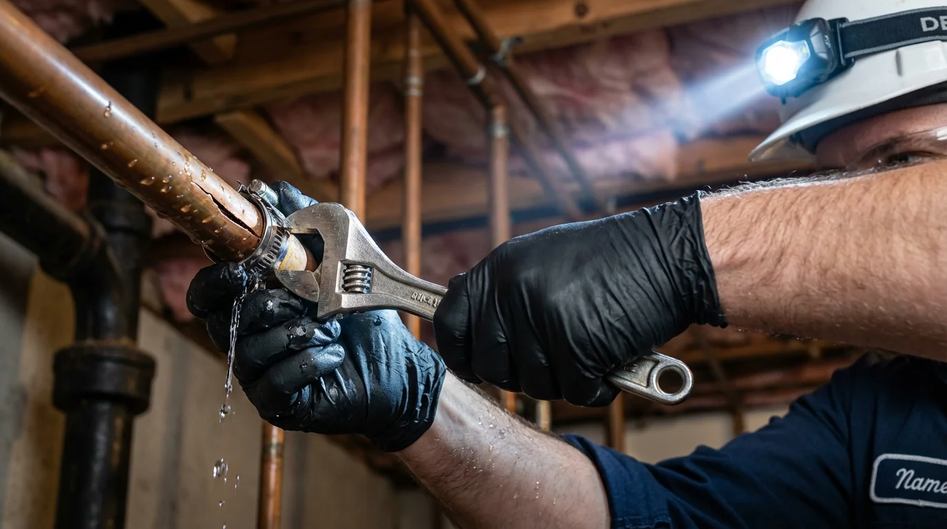Emergency pipe clamp repair being performed by a Johns Plumbing LLC plumber in Hebbronville